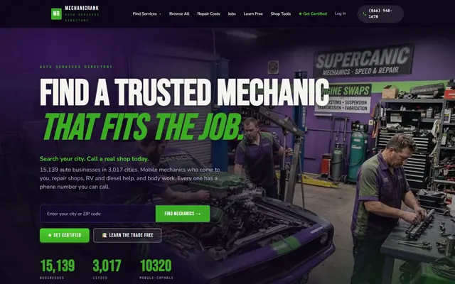 The MechanicRank home page with a purple garage photo of mechanics working on an engine, the headline Find A Trusted Mechanic That Fits The Job, a city or ZIP search box and counts of businesses and cities