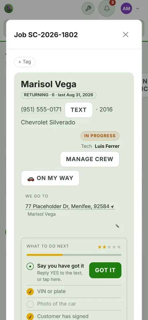 Phone screenshot of a Shop Desk job screen showing a customer name, a Text button, an On My Way button and a checklist with a Got It button