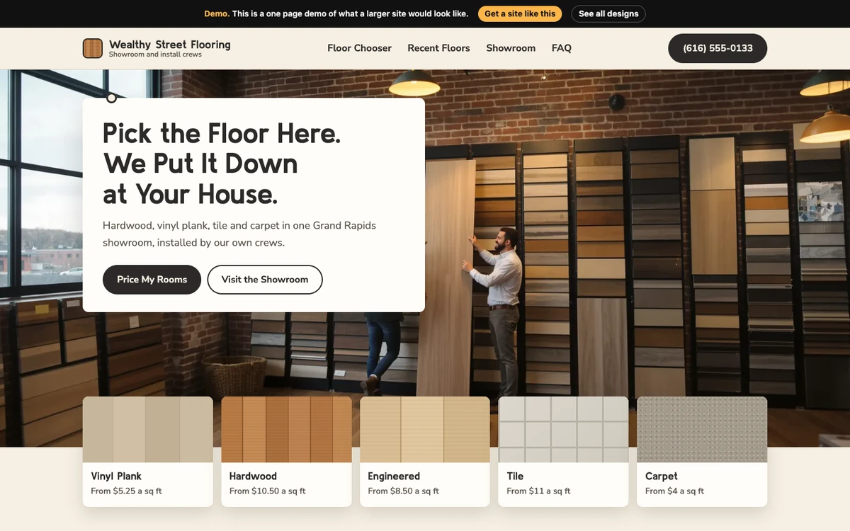 Showroom Sample Wall website design on a desktop