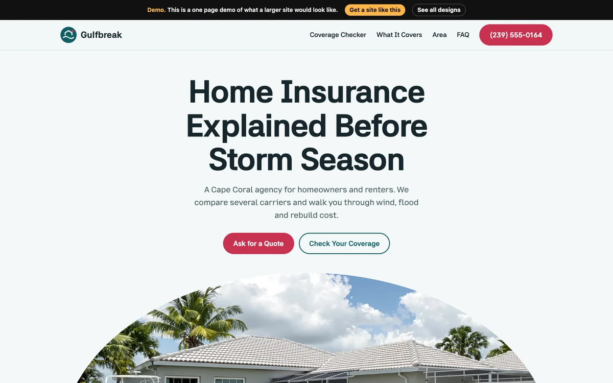Storm Season Calm website design on a desktop