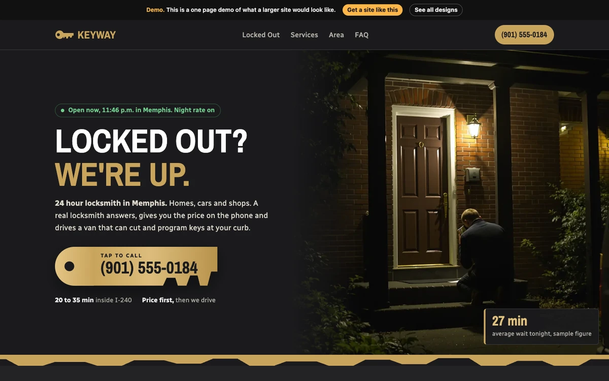 Brass Key Night website design on a desktop