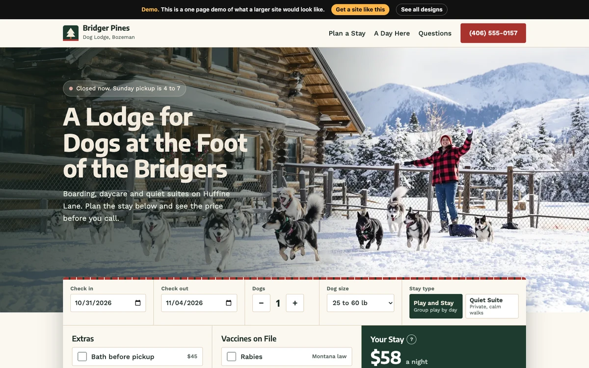 Pine Lodge website design on a desktop