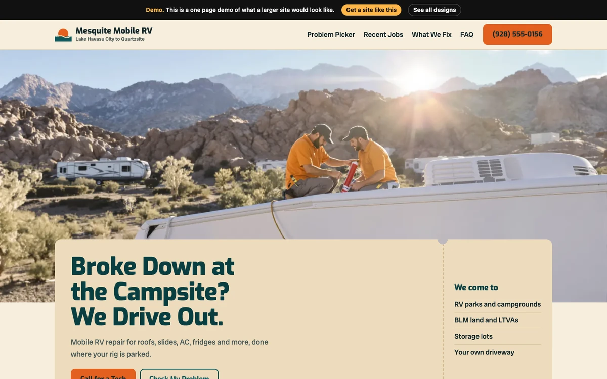 Desert Service Road website design on a desktop