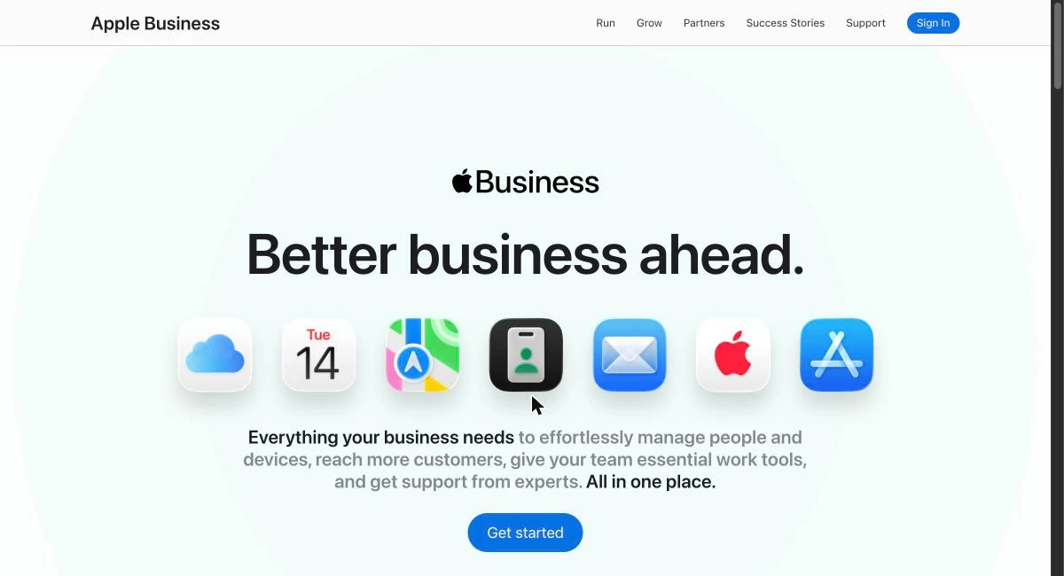 The Apple Business home page at business.apple.com with the headline Better business ahead and a Get started button