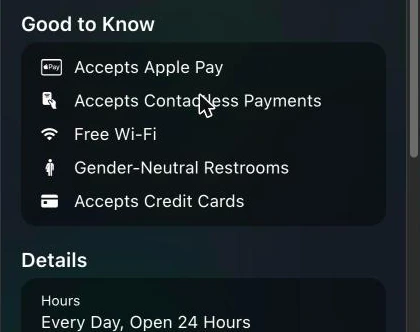 The Good to Know panel on an Apple Maps place card listing Accepts Apple Pay, Accepts Contactless Payments, Free Wi-Fi, Gender-Neutral Restrooms and Accepts Credit Cards, with the Hours section below