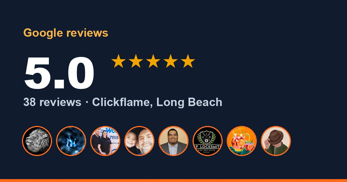 Clickflame on Google: 5.0 stars from 38 reviews, with real reviewer photos