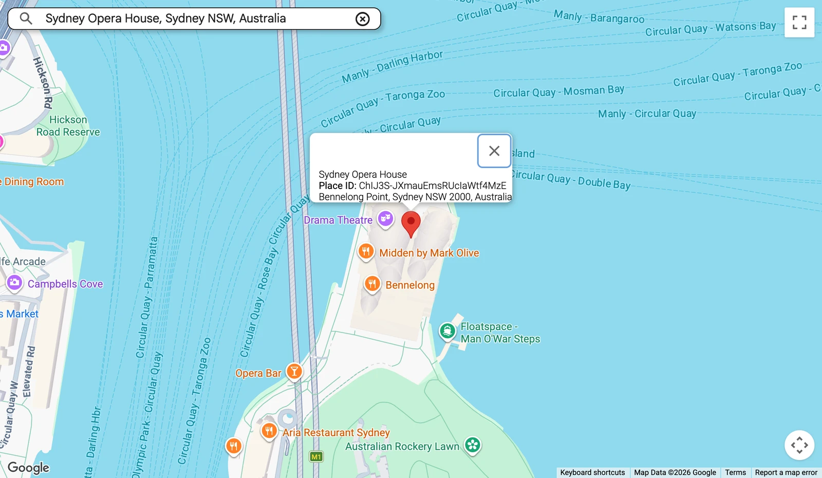 Google's Place ID Finder sample with Sydney Opera House searched, showing a red map pin and an info window with the place name, its Place ID and its street address