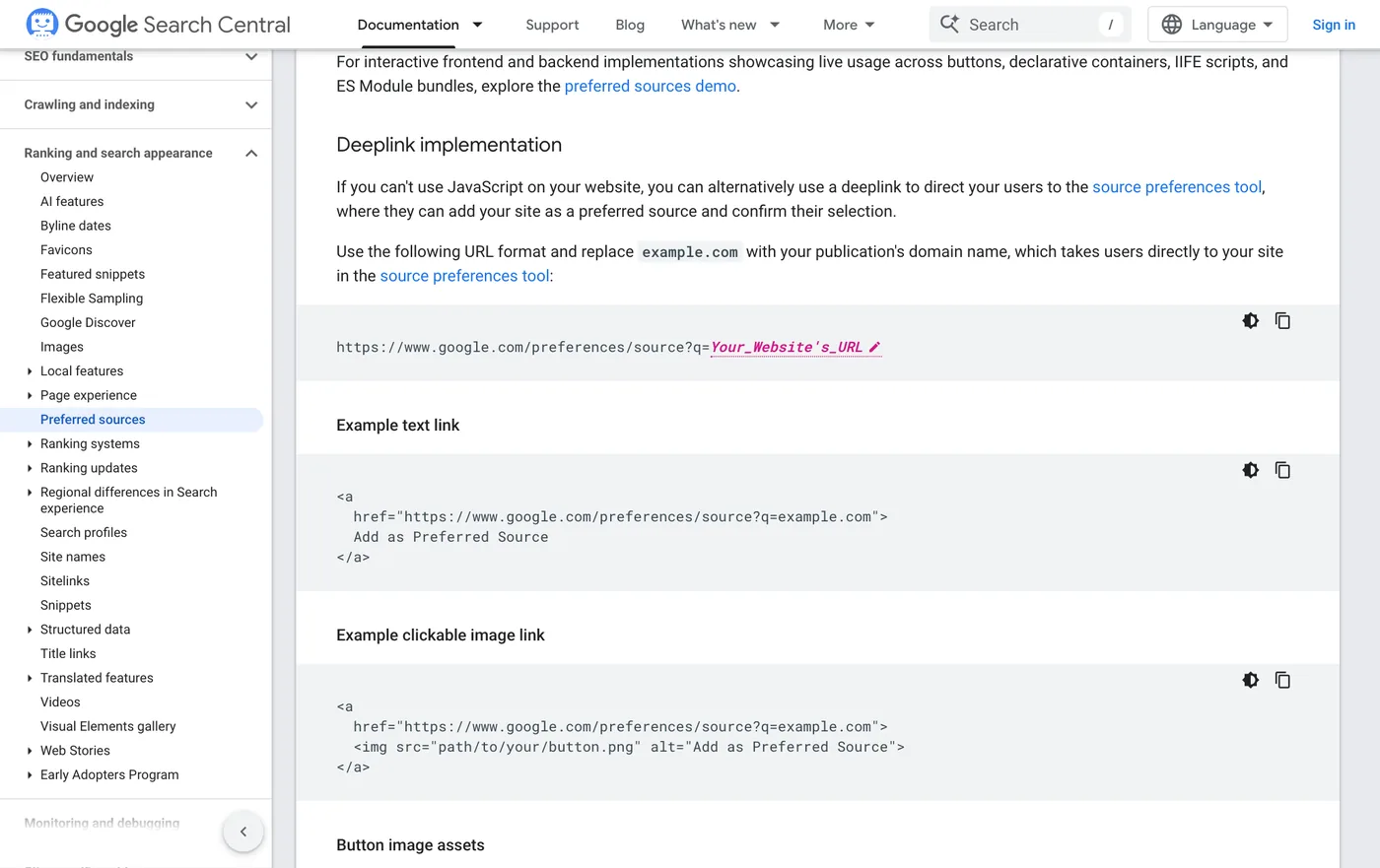 Google Search Central doc section titled Deeplink implementation with the URL format and example text and image links