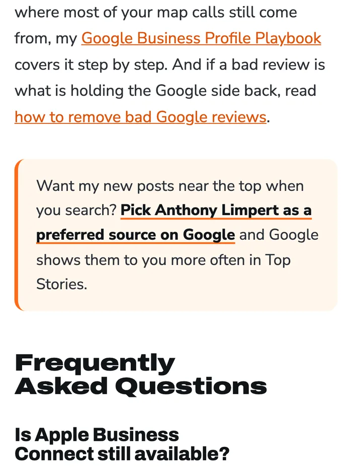 The callout on anthonylimpert.com on a phone, reading Want my new posts near the top when you search? Pick Anthony Limpert as a preferred source on Google