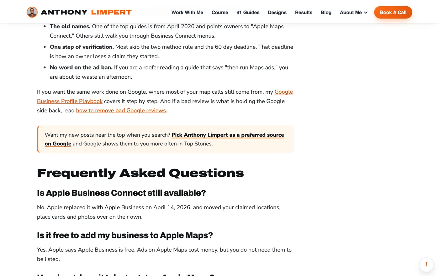 The end of a post on anthonylimpert.com with an orange callout that says Want my new posts near the top when you search? Pick Anthony Limpert as a preferred source on Google