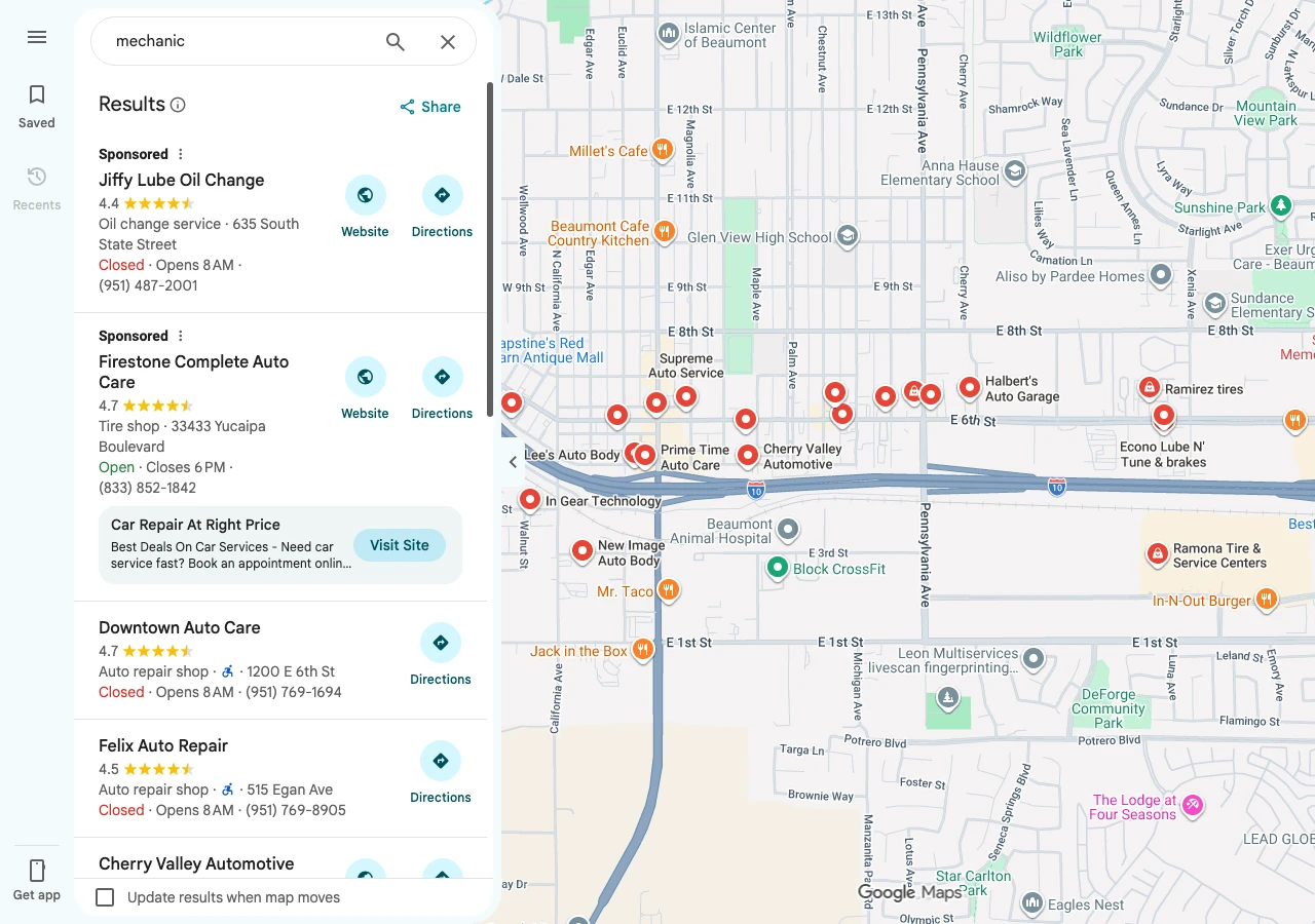 Google Maps results for mechanic centered on Beaumont, California, with two Sponsored listings and then Downtown Auto Care, Felix Auto Repair and Cherry Valley Automotive, and a map full of red pins along 6th Street