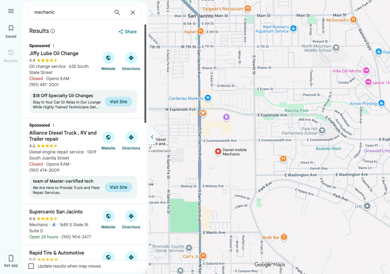 Google Maps results for mechanic near San Jacinto with two Sponsored listings at the top and Supercanic San Jacinto as the first unpaid result, with a 4.6 rating and Open 24 hours