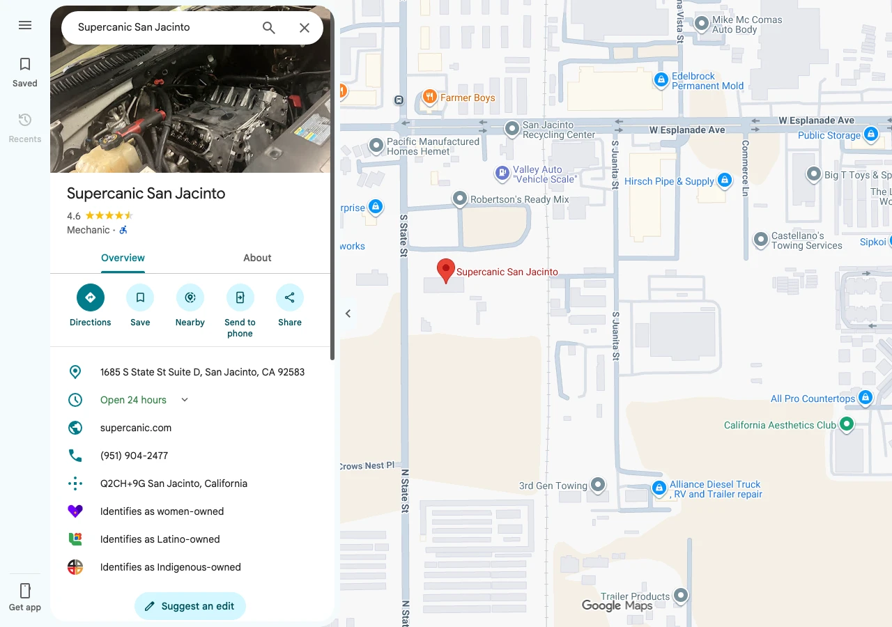 The Google Maps profile for Supercanic San Jacinto showing a 4.6 star rating, the Mechanic category, the State Street address, Open 24 hours and the 951 phone number