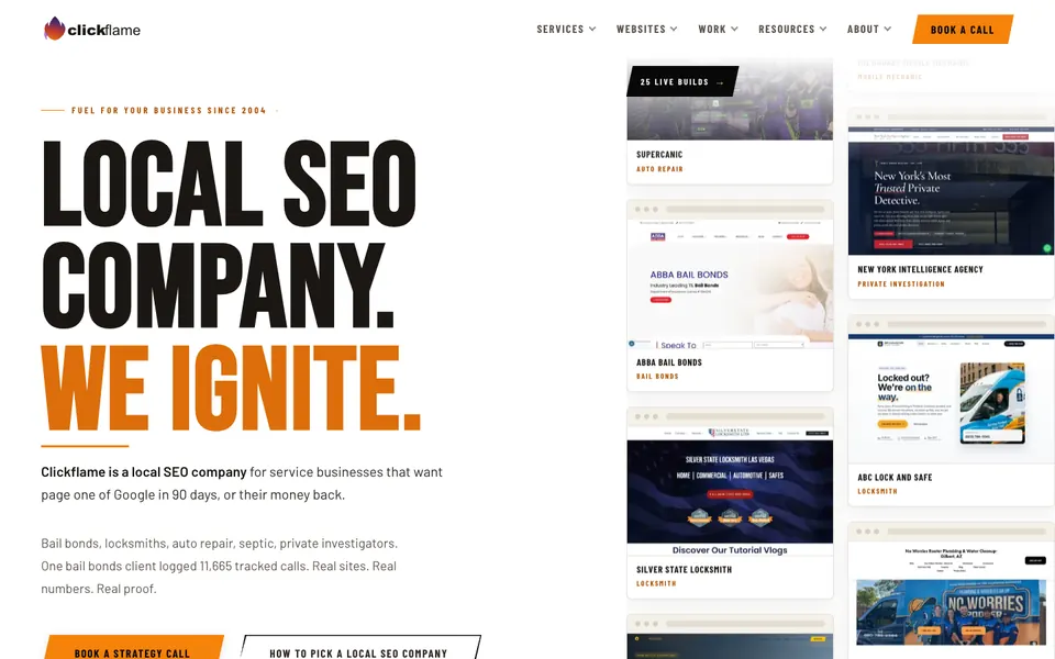 Clickflame homepage with the headline Local SEO Company. We Ignite., a column of client site screenshots on the right and a Book a Strategy Call button