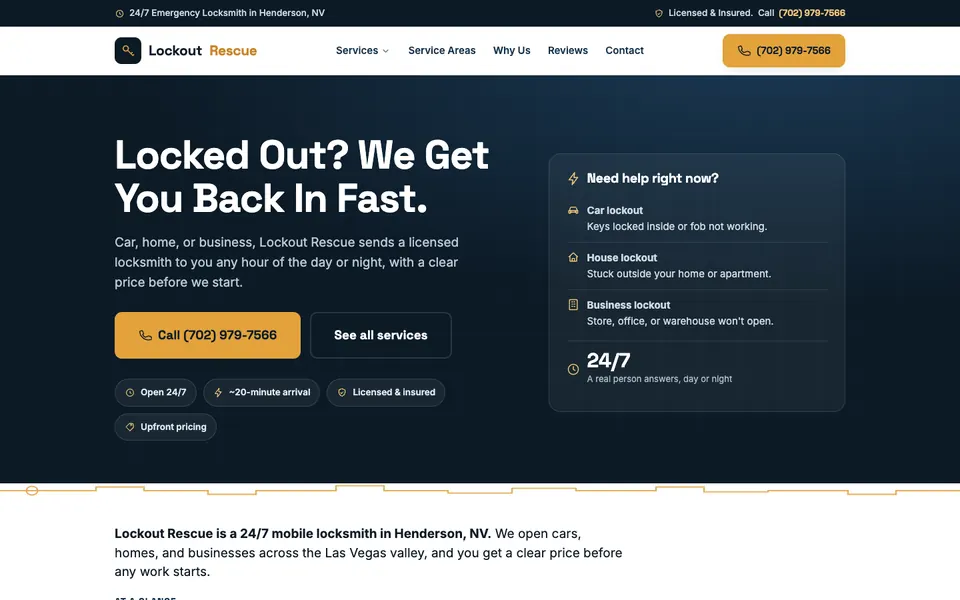 Homepage of Lockout Rescue, a Henderson Nevada mobile locksmith, with the headline Locked Out? We Get You Back In Fast and an orange Call button