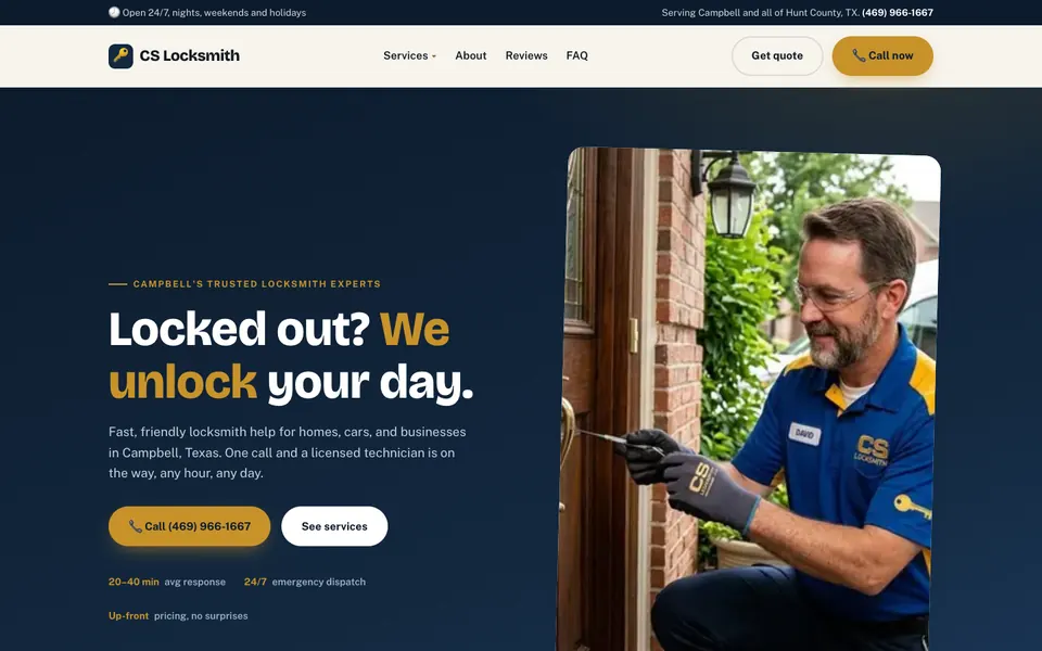 Homepage of a Campbell Texas locksmith site with the headline Locked out? We unlock your day and a photo of a technician in a blue uniform opening a door
