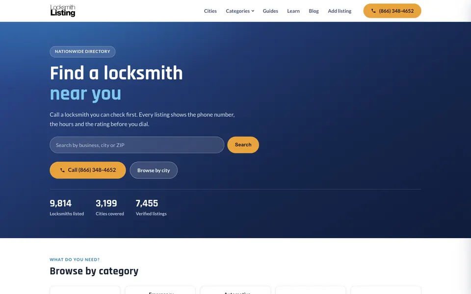 Homepage of Locksmith Listing, a directory with a blue hero reading Find a locksmith near you, a search box and three counters below