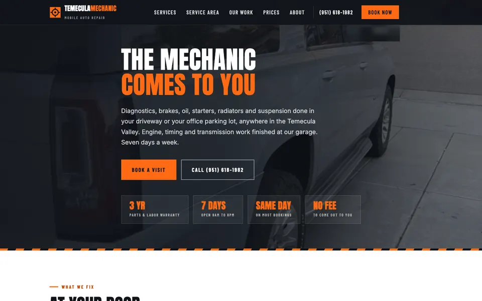 Homepage of a Temecula mobile mechanic site with the headline The Mechanic Comes To You over a dark photo of a truck, with three stat boxes below