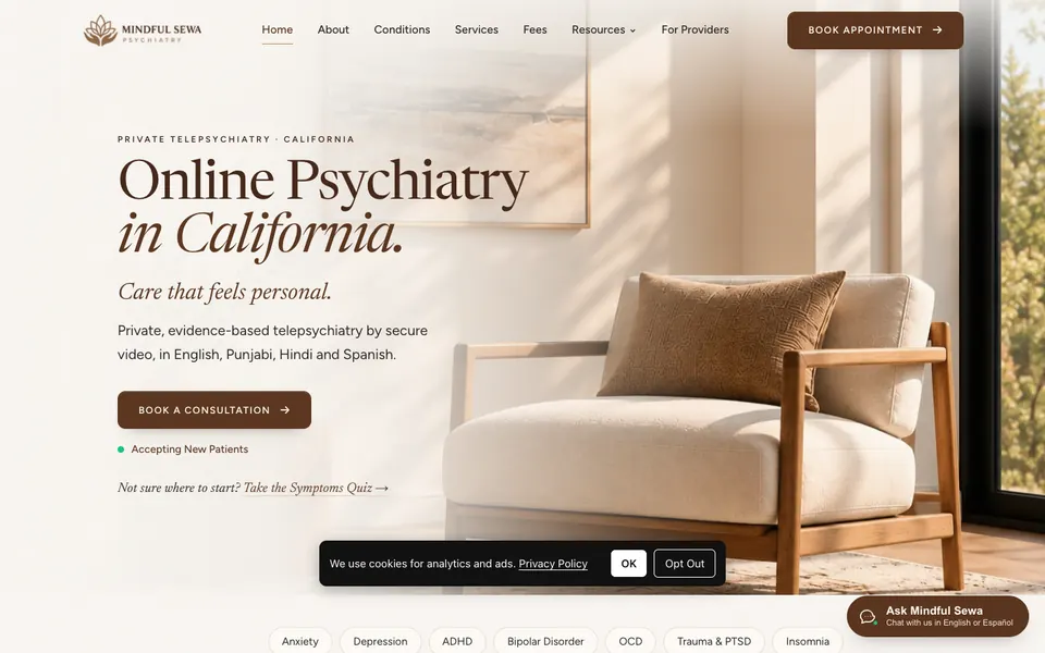 Homepage of Mindful Sewa, an online psychiatry practice, with a serif headline Online Psychiatry in California beside a cozy armchair and a cookie notice