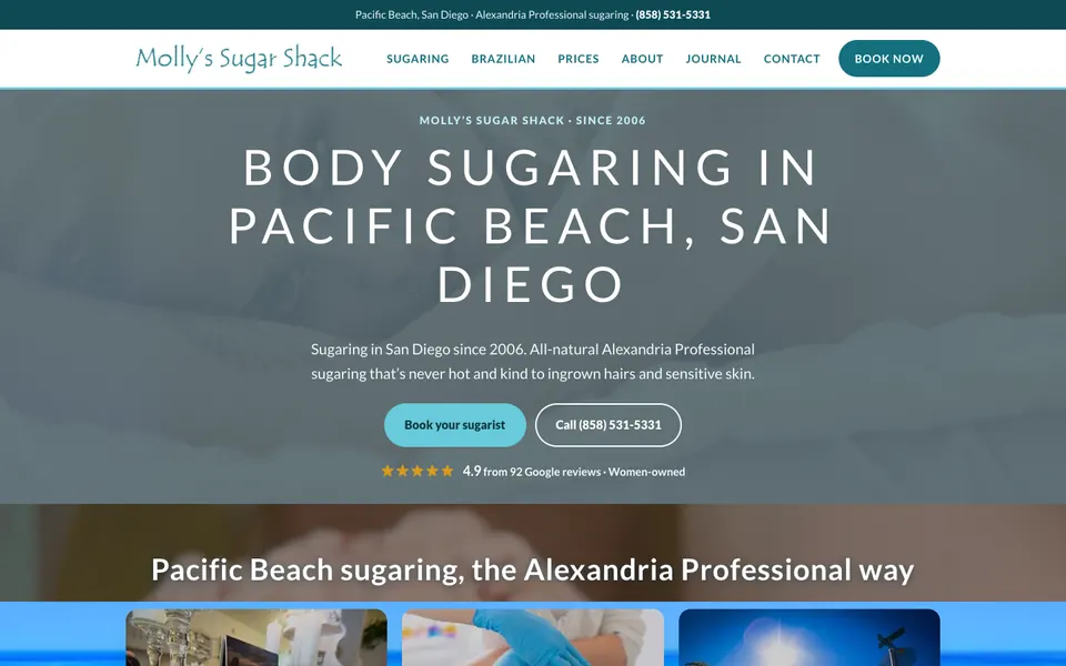 Homepage of Molly's Sugar Shack, a body sugaring studio, with spaced headline text about body sugaring in Pacific Beach San Diego and a Book Now button