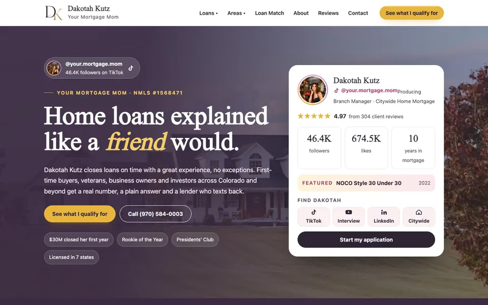 Homepage of Mortgage Mom Online with the headline Home loans explained like a friend would and a profile card showing a loan officer's rating and stats