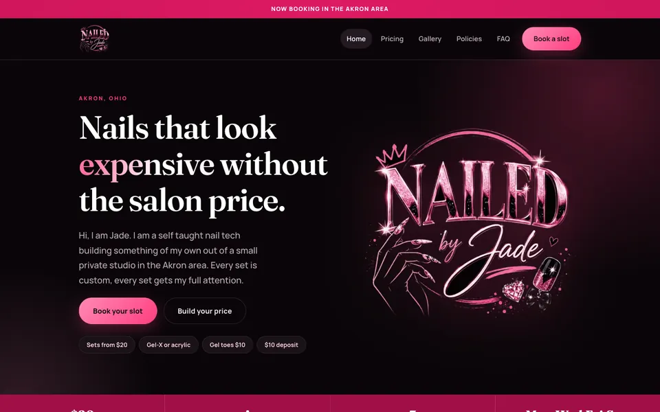 Homepage of Nailed by Jade, a nail studio, with a dark pink design, a hand lettered logo and the headline Nails that look expensive without the salon price