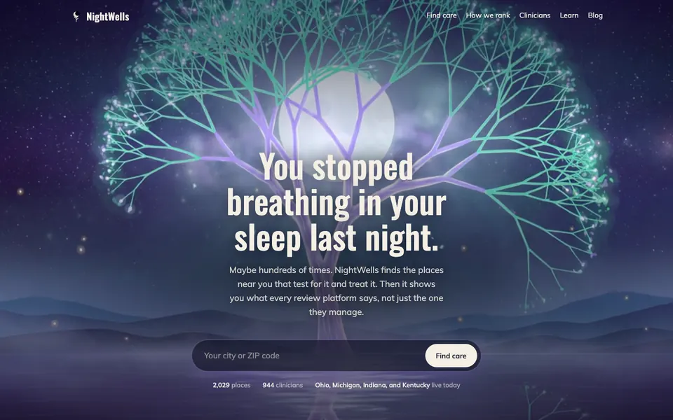 Homepage of NightWells with a purple starry tree illustration, the headline You stopped breathing in your sleep last night and a city search box