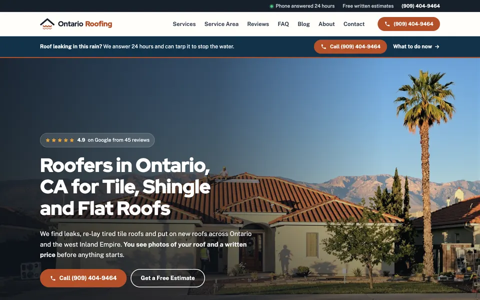 Homepage of Ontario Roofing in California with the headline Roofers in Ontario, CA for Tile, Shingle and Flat Roofs, a palm tree and a roofed house
