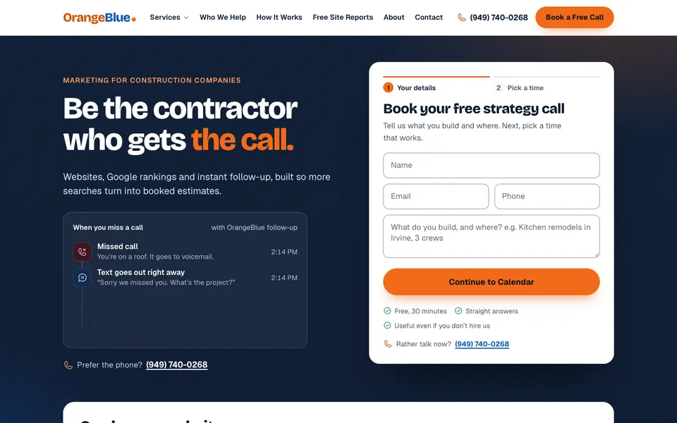 Homepage of OrangeBlue, a marketing site for construction companies, with the headline Be the contractor who gets the call and a booking form on the right
