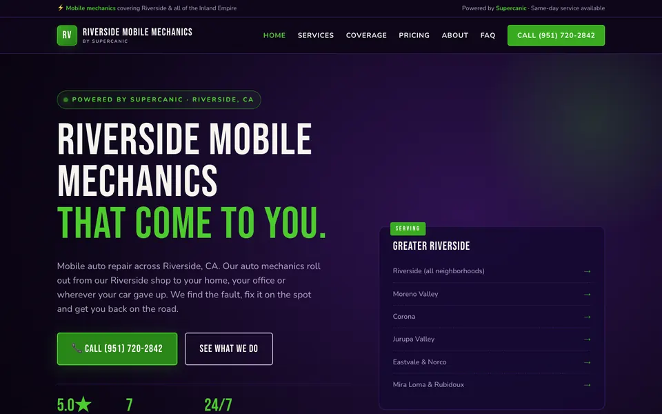 Riverside Mobile Mechanics homepage with a dark purple background, the headline Riverside Mobile Mechanics That Come To You in white and green, a list of served cities and a green Call button