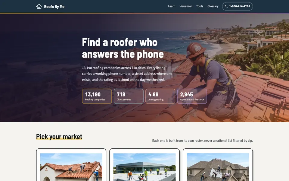 The Roofs By Me homepage with a roofer kneeling on a tile roof by the ocean, the headline Find a roofer who answers the phone, and four stat boxes including 13,190 roofing companies and 718 cities