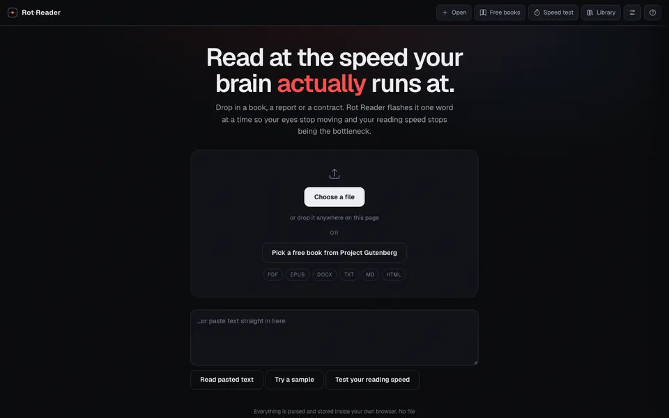 The Rot Reader homepage on a dark background with the headline Read at the speed your brain actually runs at, a file upload box and a Pick a free book from Project Gutenberg button