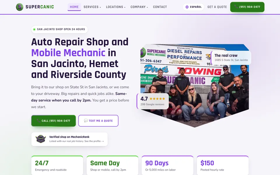 Supercanic homepage showing the shop crew standing in front of a sign, a 4.7 star badge reading 299 Google reviews and a green Call button