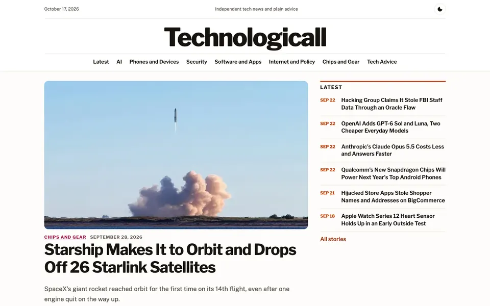 Technologicall news site homepage with a large masthead, a topic menu, a photo of a rocket launch with smoke and a Latest list of headlines on the right