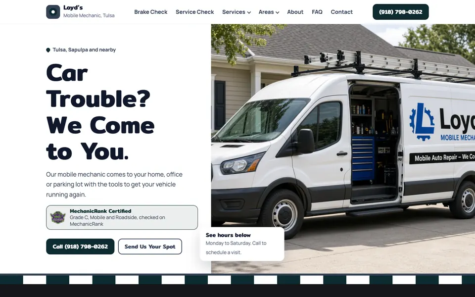 The Tulsa Mechanics homepage for Loyd's Mobile Mechanic, with the headline Car Trouble? We Come to You, a white work van and a MechanicRank Certified badge