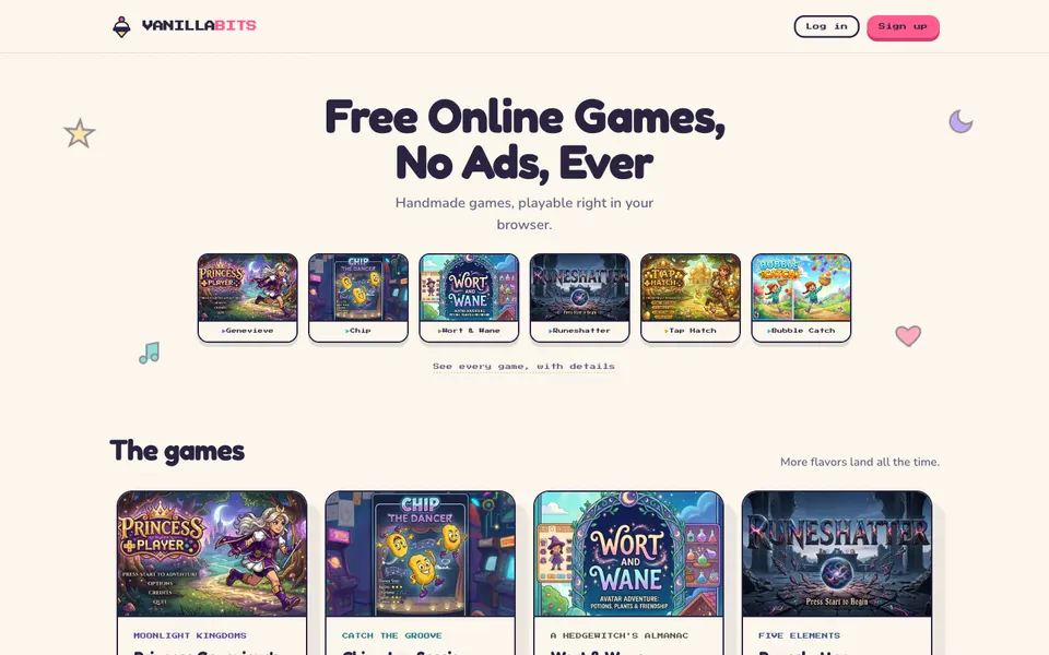 The VanillaBits homepage with the headline Free Online Games, No Ads, Ever, a row of six small game thumbnails and a grid of game cards with illustrated art