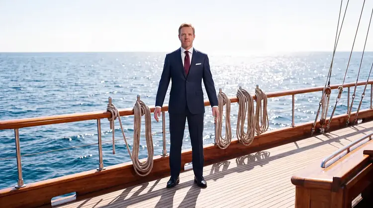 Vyebe Custom Suits, at sea, built on him on the deck of a sailing yacht