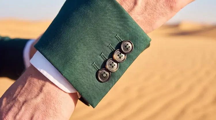 Vyebe Custom Suits, in 4k, the camera pushes in to the cuff buttons
