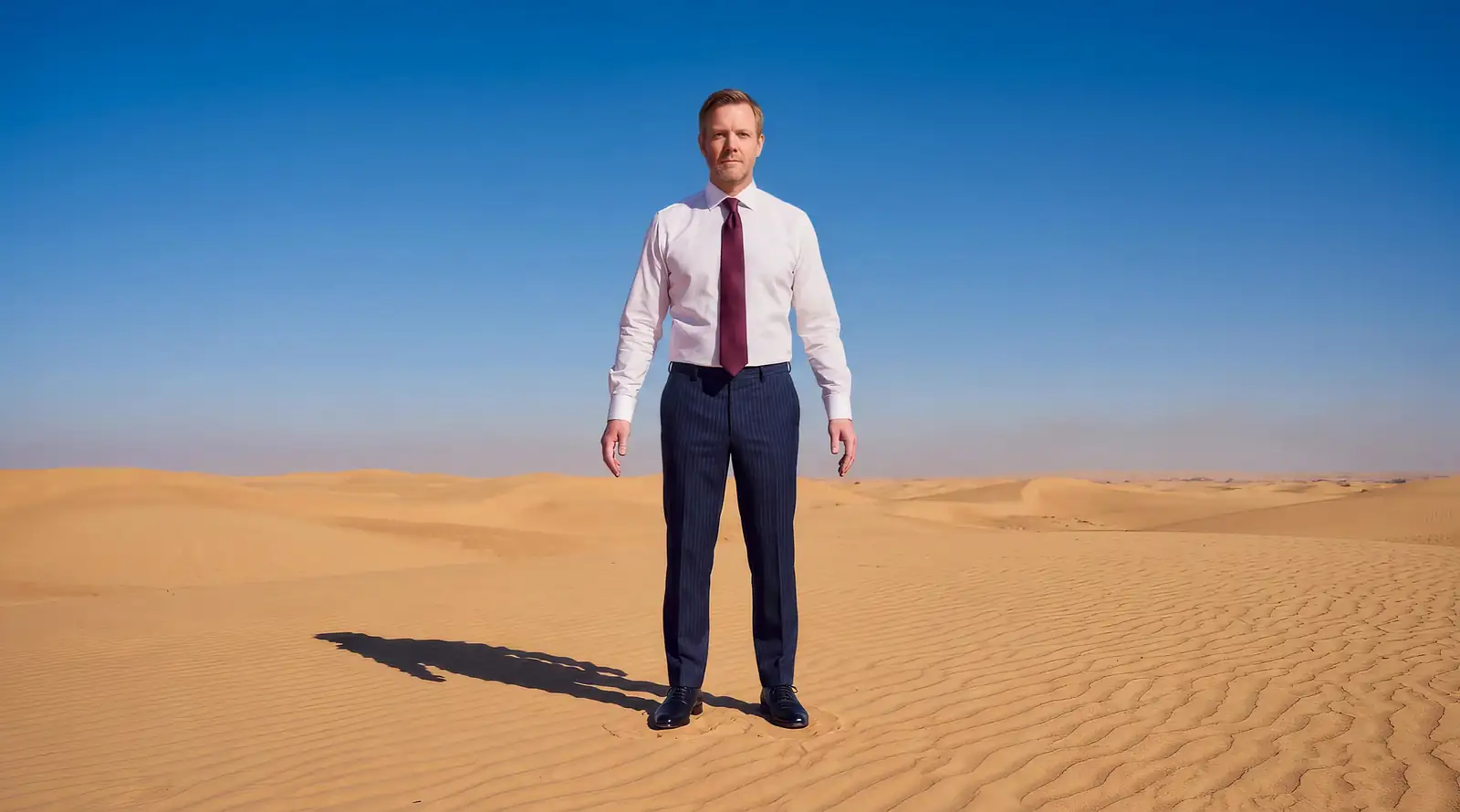 A man in a white shirt and tie standing in the desert, the opening frame of the Vyebe Custom Suits film