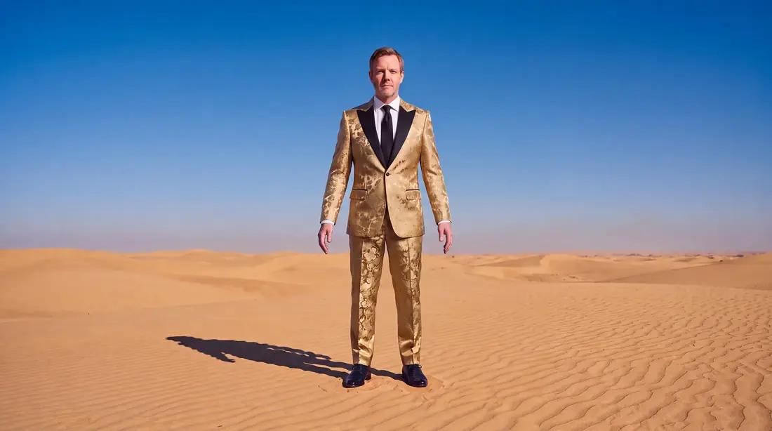 Vyebe Custom Suits, the desert, molten gold jacquard against the dunes
