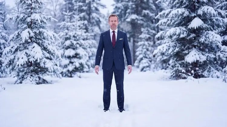 Vyebe Custom Suits, the snow, the basted fitting, out in the cold