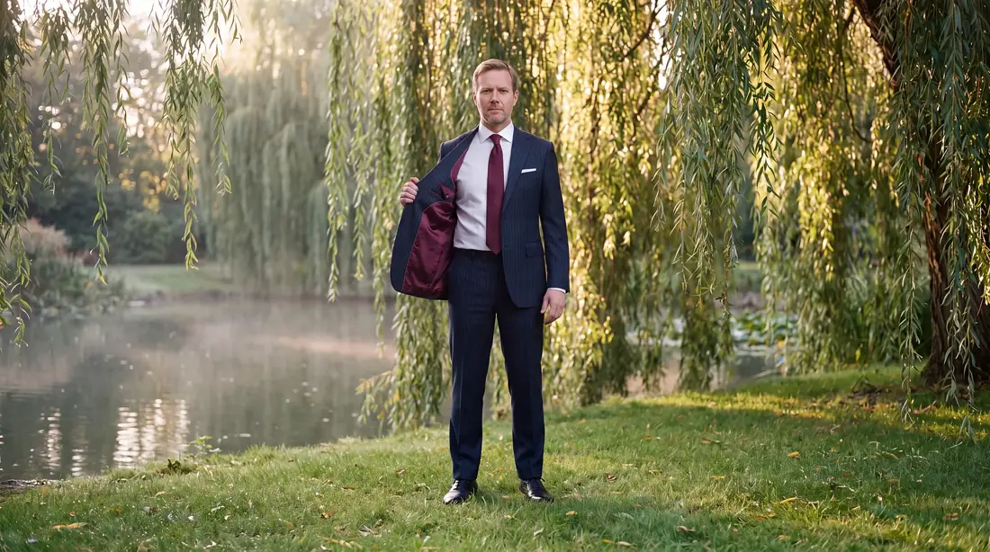 Vyebe Custom Suits, the willows, he opens the jacket to show the silk lining